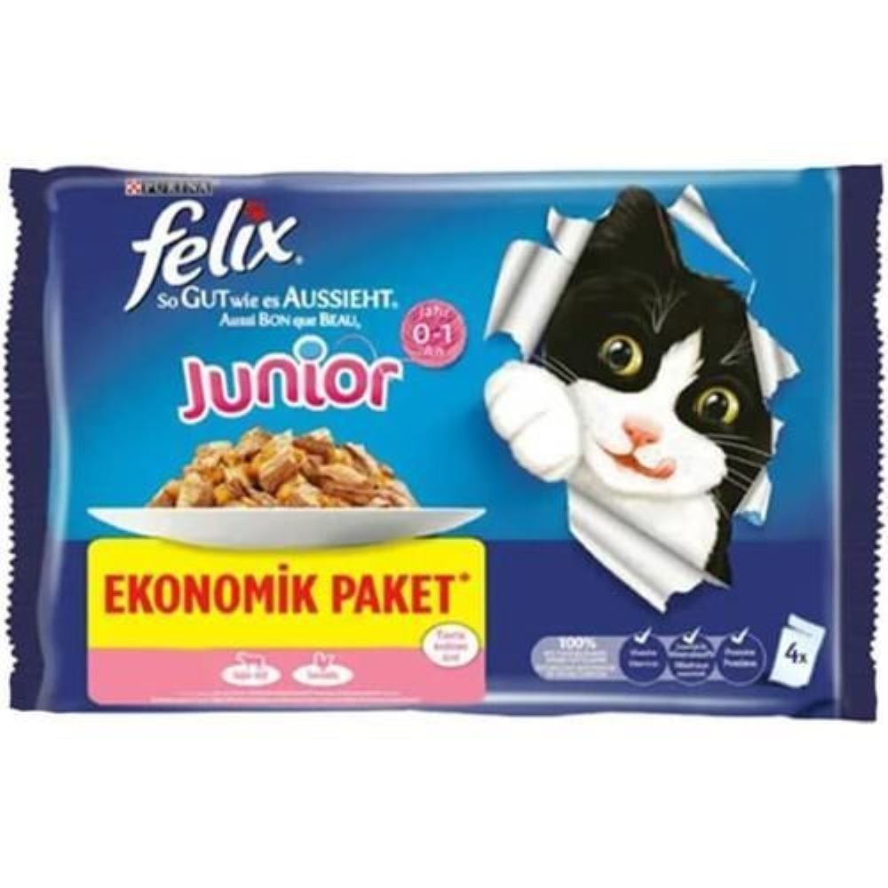 Felix Sığır Etli ve Tavuklu Yaş Kedi Maması 4 X 85 Gr